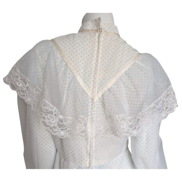 VTG 70s Tiered Prairie Dress Medium Lace Ruffle Long Sleeve Polka Dot Cottage - Picture 6 of 11